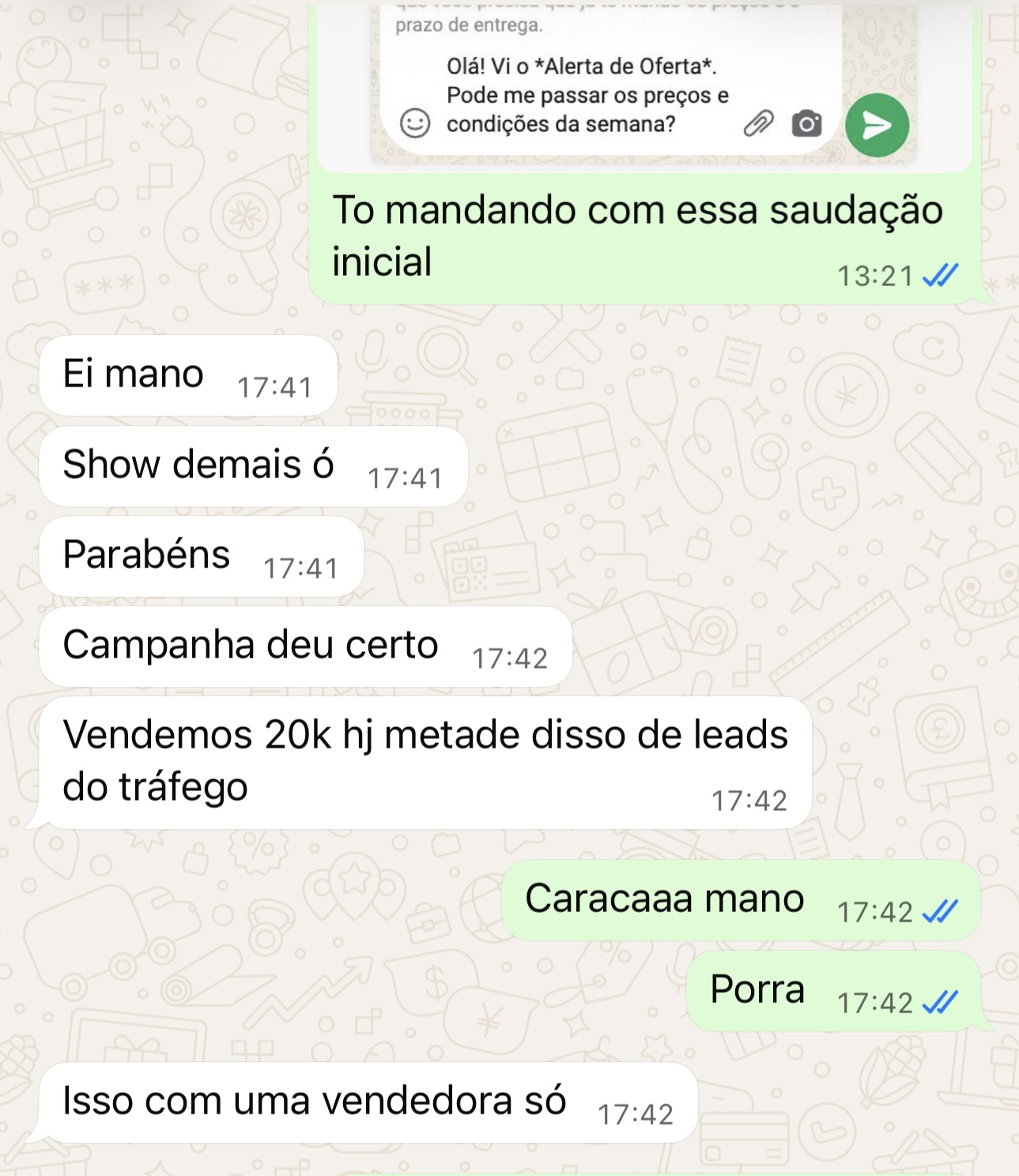 Print de conversa WhatsApp com cliente comemorando resultado de campanha gerenciada pela Eva